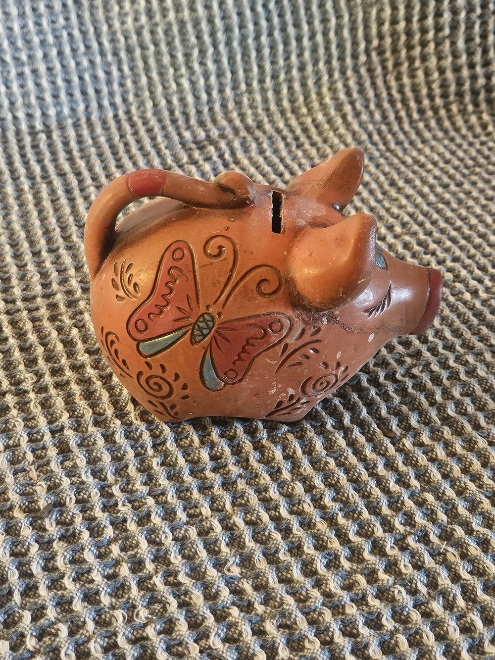 MCM Terracotta Piggy Bank with Blue Accent